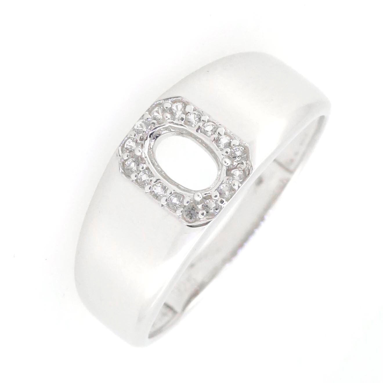 Men's sterling silver semi mount ring setting with oval halo for 6x4mm gemstone, unisex design.