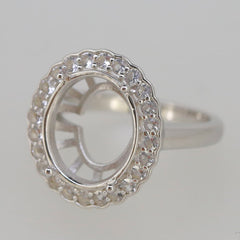 Sterling Silver semi mount ring setting with oval halo for 14x12mm moissanite centerpiece
