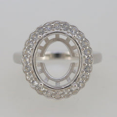 Sterling Silver Semi Mount Ring Setting with oval halo for 14x12mm gemstone and Moissanite accents.