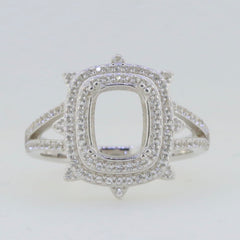 Sterling silver semi-mount ring setting with double halo and Moissanite accents, designed for a cushion cut gemstone.