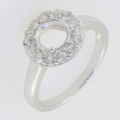 Sterling silver semi mount ring setting with halo of D color moissanite accents, designed for 7x7mm center stone.