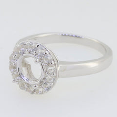Sterling silver semi mount ring setting with halo of Moissanite accents and space for a round 7x7mm gemstone.
