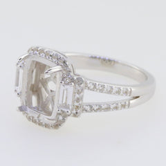 Sterling silver semi mount ring setting with cushion halo design for 10x8mm stone, accented with white topaz.