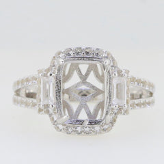 Sterling silver semi mount ring setting with cushion halo design and white topaz accents, ready for customization.