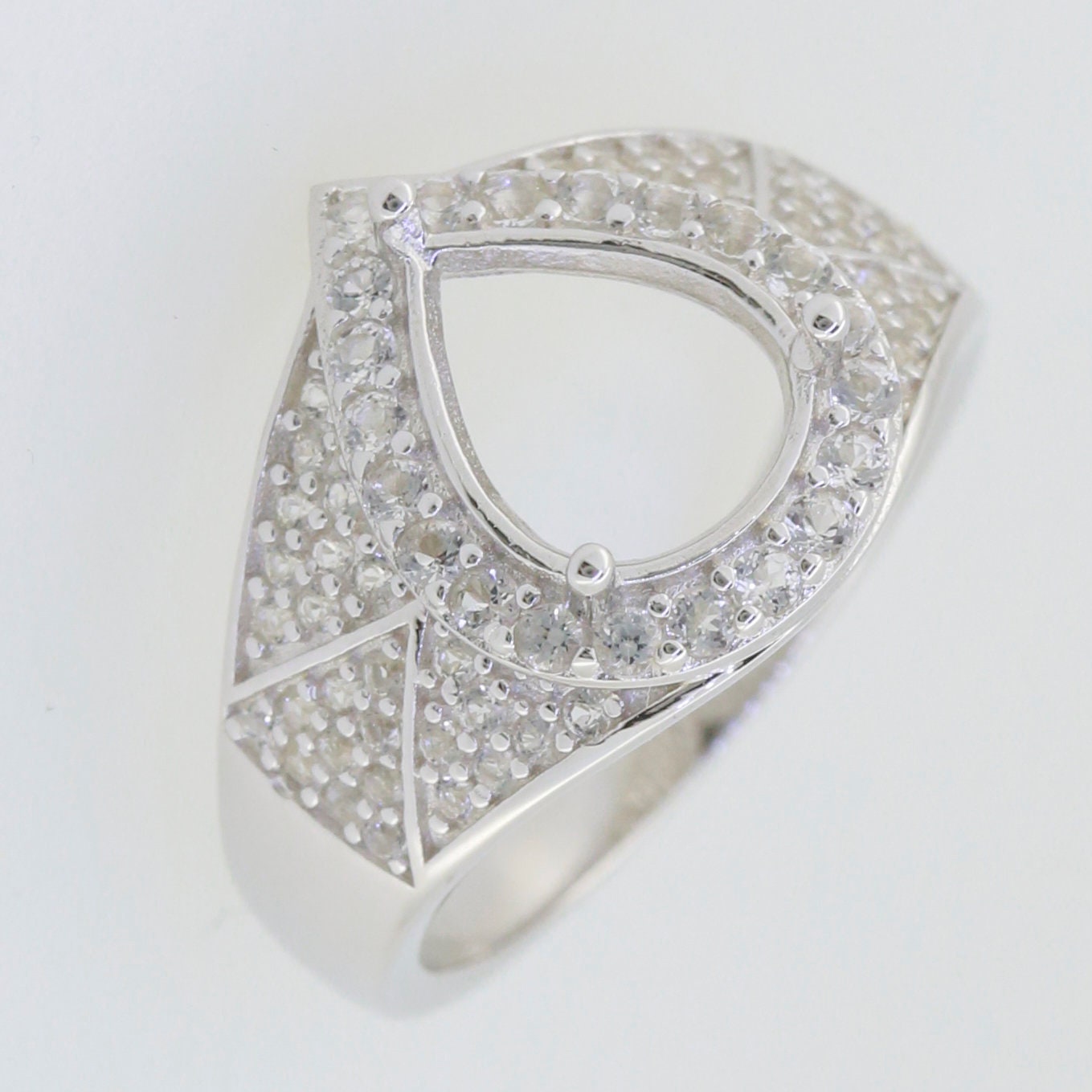 Sterling Silver Semi Mount Ring Setting with Halo and Moissanite Accents for 10x8mm Pear Stone