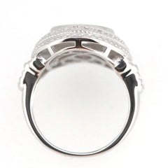 Sterling Silver semi mount ring setting with halo design, featuring milgrain details and oval cabochon gemstone space.