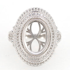 Sterling Silver Semi Mount Ring Setting with Halo Milgrain design for Oval 11x9mm gemstone, accented with White Topaz.