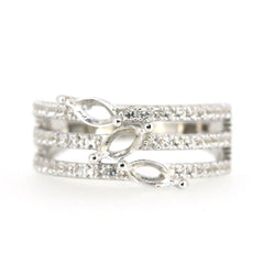Sterling silver semi mount ring setting featuring marquise white topaz accents and a trio of decorative stones.