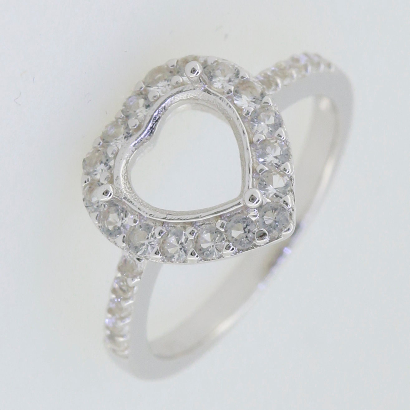Sterling silver semi mount heart ring setting with white topaz halo, 8x8mm, customizable sizes, made to order.