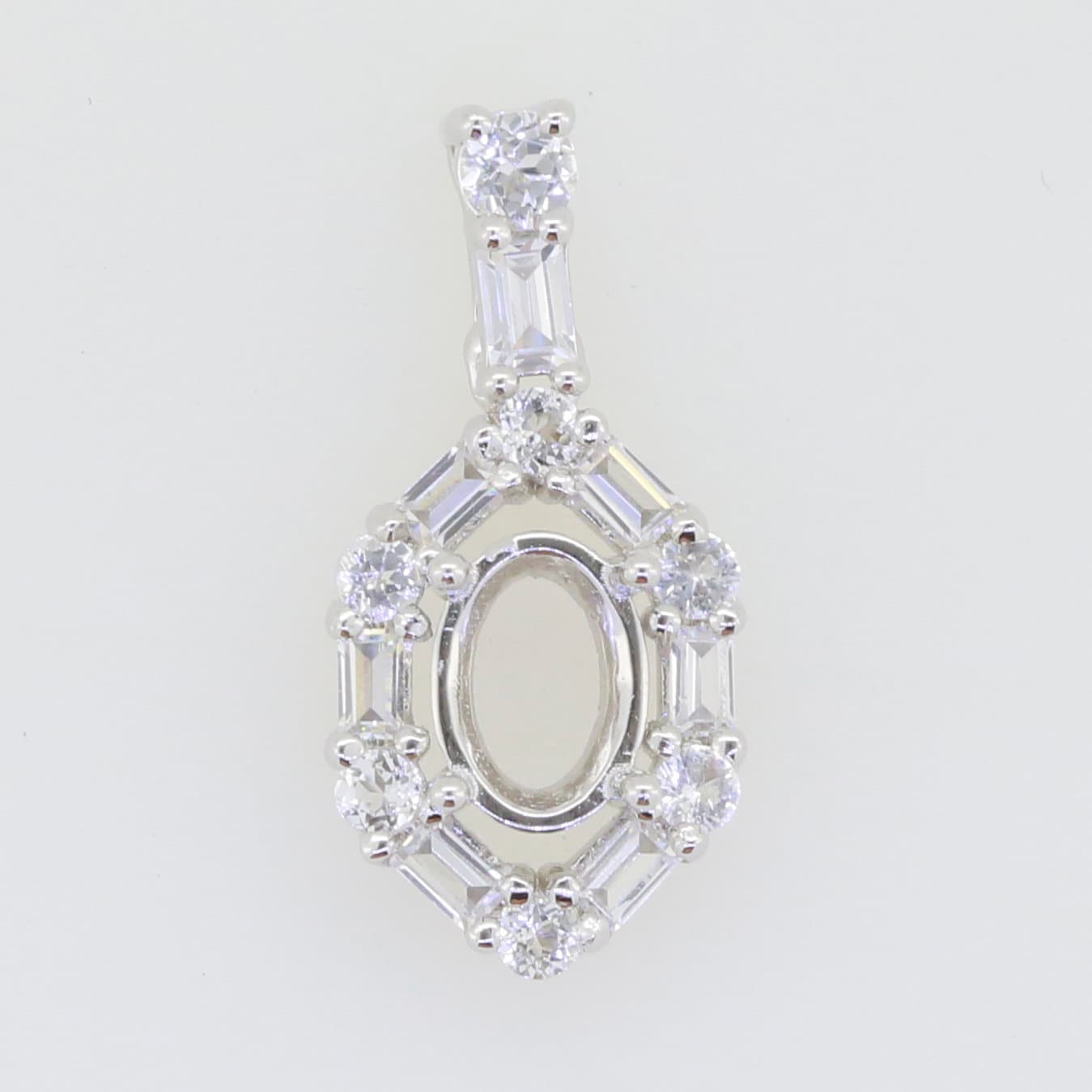 Sterling Silver Semi Mount Pendant Setting with Oval 7x5mm and Baguette Halo for customizable jewelry designs.