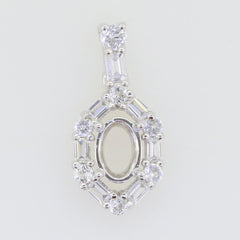 Sterling Silver Semi Mount Pendant Setting with Oval 7x5mm and Baguette Halo for customizable jewelry designs.
