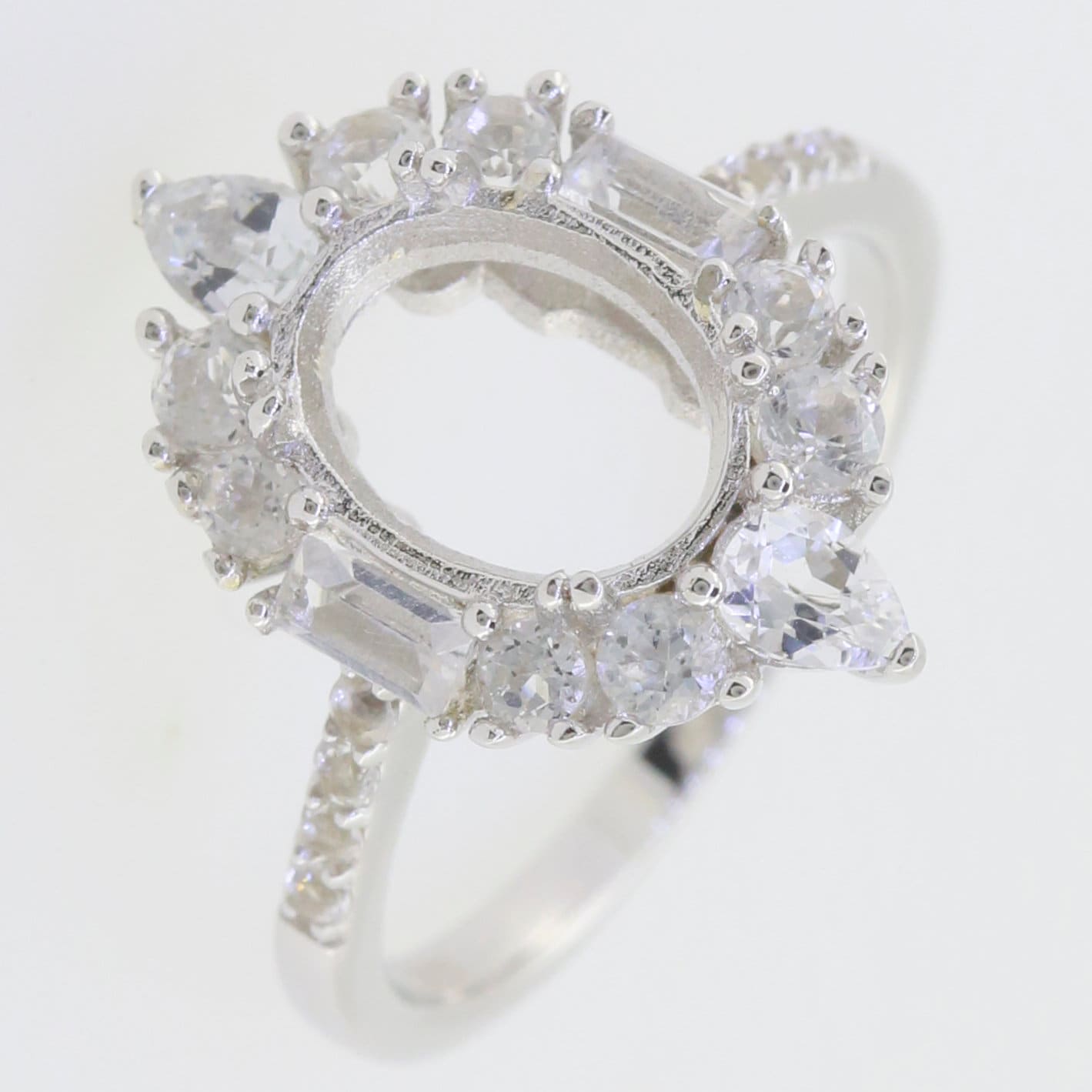 Sterling Silver Semi Mount Ring Setting with White Topaz, Oval Halo and Baguette Design, Customizable Sizes