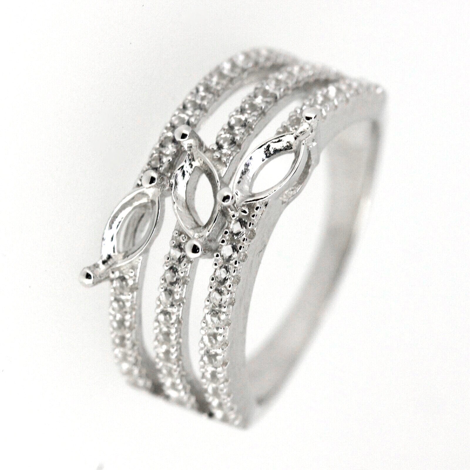 Sterling silver semi mount ring setting with marquise and white topaz accents, featuring elegant triple band design.