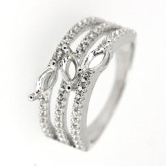 Sterling silver semi mount ring setting with marquise and white topaz accents, featuring elegant triple band design.