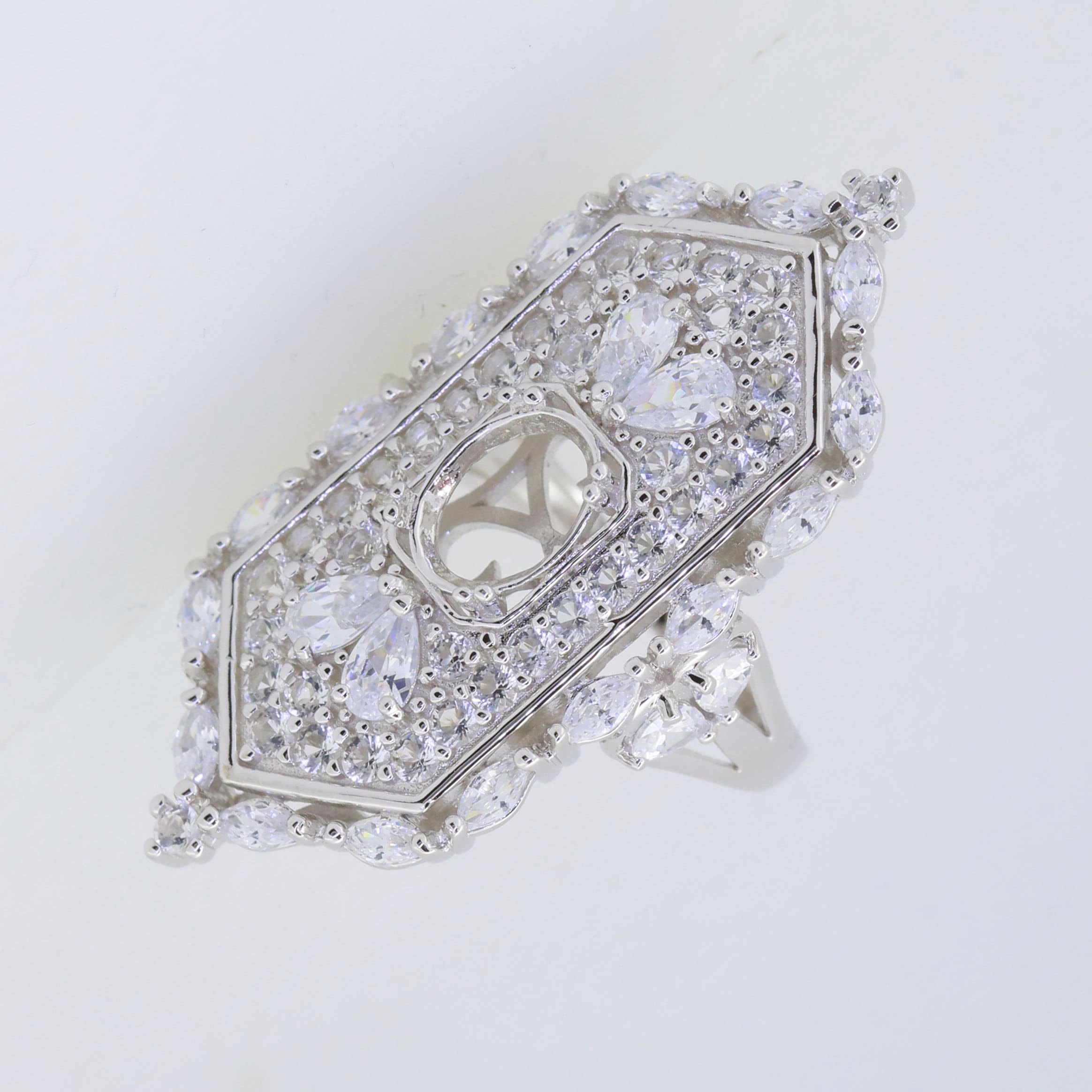 Sterling Silver Semi Mount Ring Setting for Oval OV 9x7mm with White Topaz, custom made with intricate design.