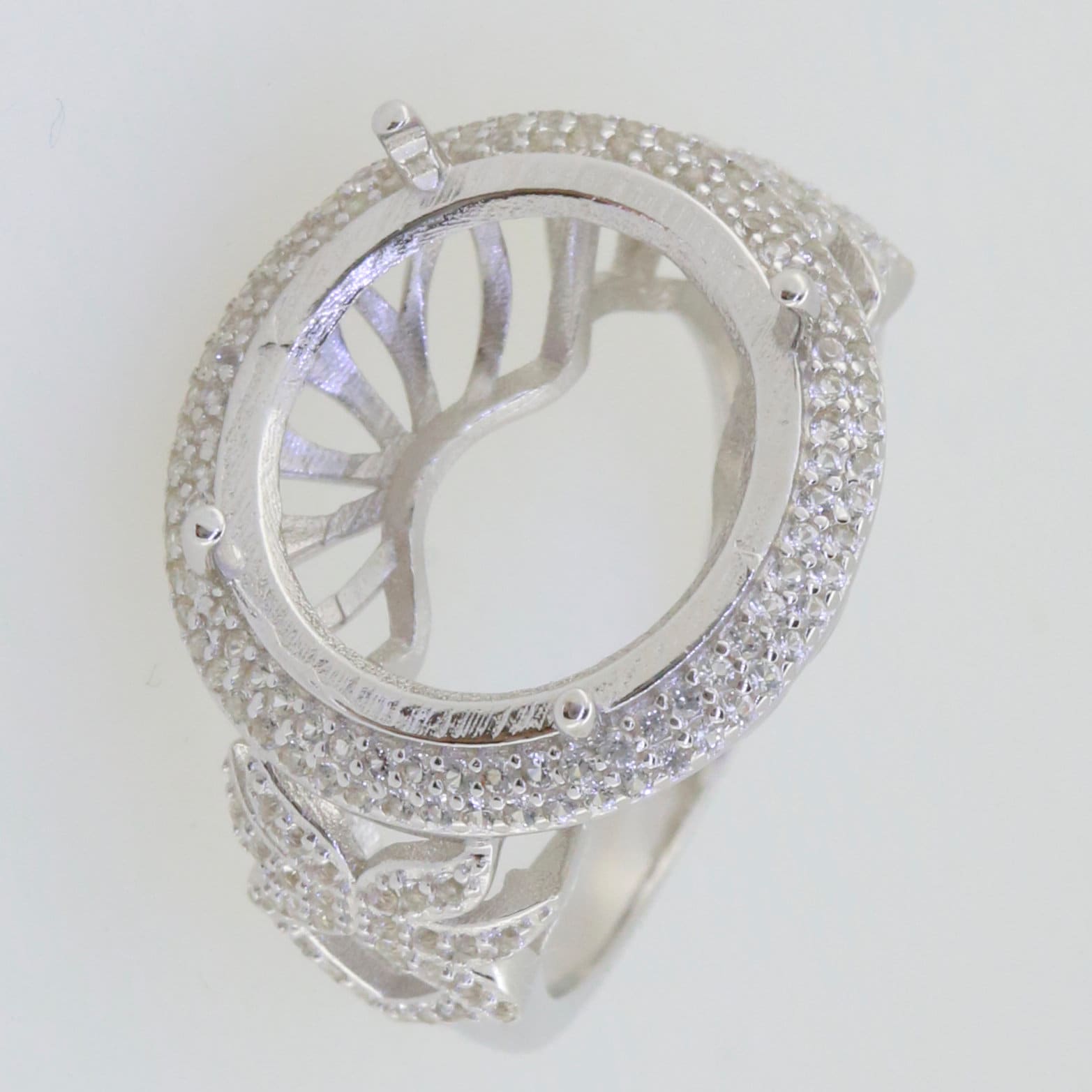 Sterling Silver Semi Mount Ring Setting with round 15x15mm frame and double halo of White Topaz gemstones.