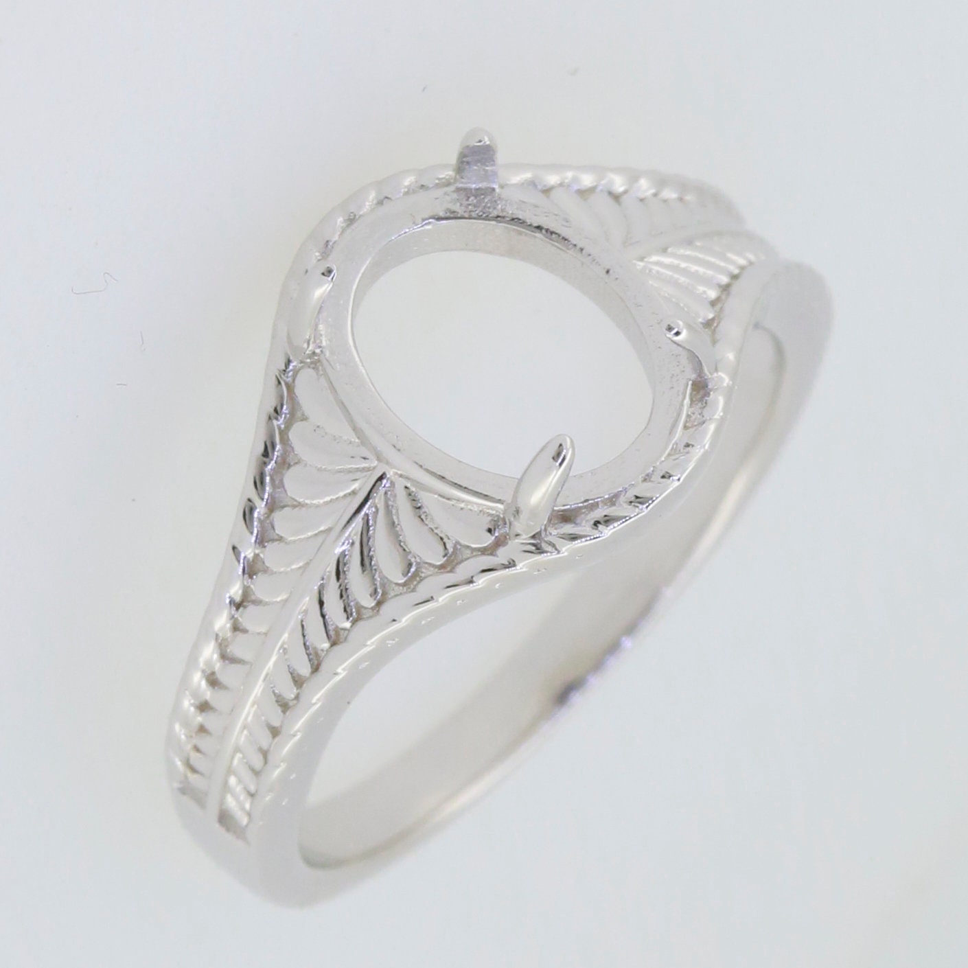 Sterling Silver Semi Mount Ring Setting for Oval 10x8mm Cabochon, Art Nouveau Design, customizable size