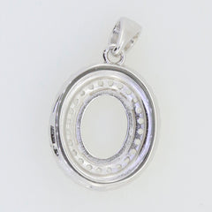 Sterling silver semi mount pendant setting with double halo design for 9x7mm gemstone insertion, featuring white topaz.