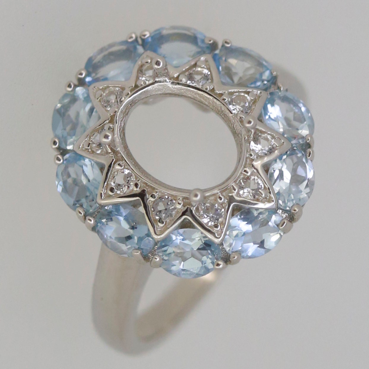 Sterling silver semi mount ring setting with natural aquamarine halo for oval gemstones 9x7mm, custom-made design.