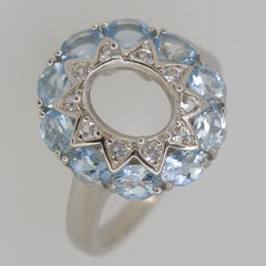 Sterling silver semi mount ring setting with natural aquamarine halo for oval gemstones 9x7mm, custom-made design.