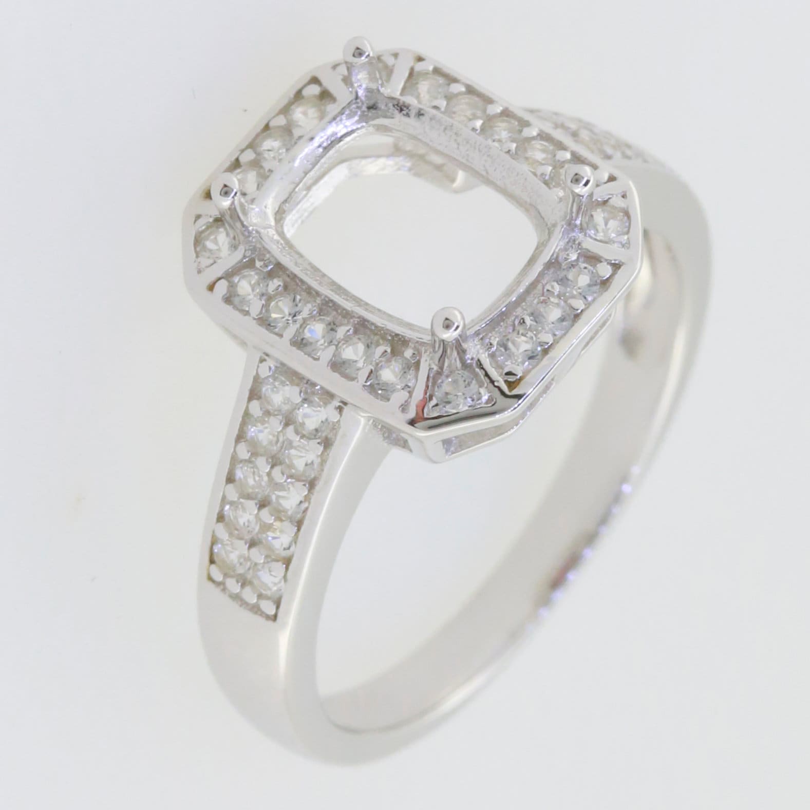 Sterling Silver Semi Mount Halo Ring Setting with White Topaz, Cushion 9x7mm, elegant design, ready for custom gemstone.