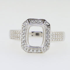 Sterling silver semi mount ring setting with cushion halo of white topaz gemstones, 9x7mm size.