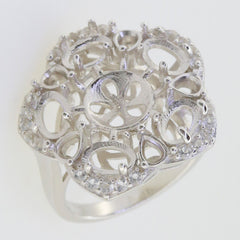 Sterling Silver Semi Mount Ring Setting with intricate design, suitable for 10mm round and 4x3mm pear gemstones.