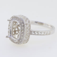 Sterling Silver semi mount ring setting with cushion halo for D color Moissanite gemstones, made to order.