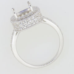 Sterling Silver semi mount ring setting with halo for cushion cut gemstone, featuring D color Moissanite accents.