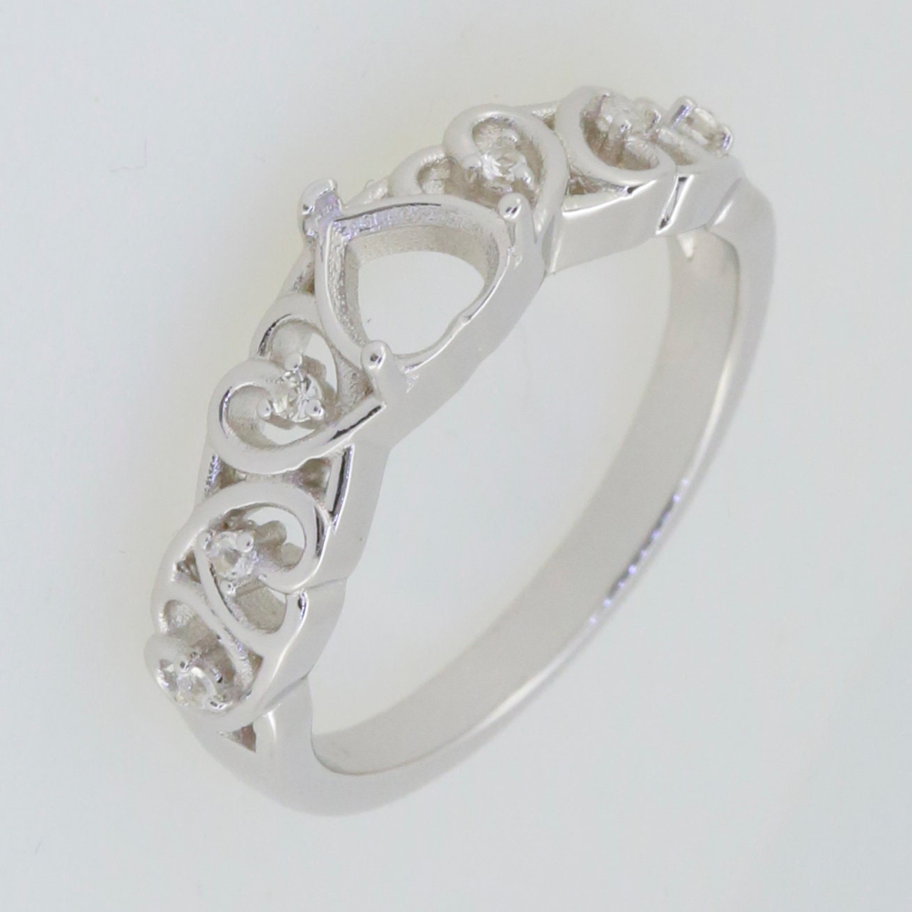 Sterling Silver Semi Mount Ring Setting with intricate heart design for Moissanite engagement ring.