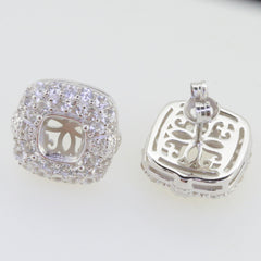 Sterling silver semi mount earrings setting with white topaz, cushion cut, double halo design.