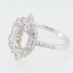 Sterling silver semi mount ring setting with oval halo and baguette white topaz, handcrafted, customizable size.
