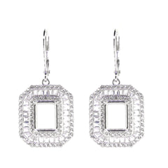 Sterling Silver semi mount earrings with emerald setting, dangle leverback, baguette triple halo, featuring white topaz.
