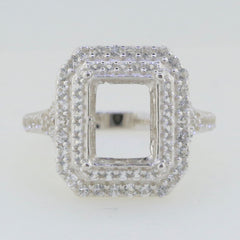 Sterling Silver Semi Mount Ring Setting with White Topaz Double Halo, designed for 10x8mm Emerald centerpiece.