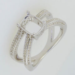 Sterling Silver semi mount ring setting with cushion halo and split shank, designed for 9x7mm gemstones.