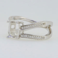 Sterling Silver semi mount ring setting with cushion halo design for 9x7mm White Topaz, featuring split shank details.