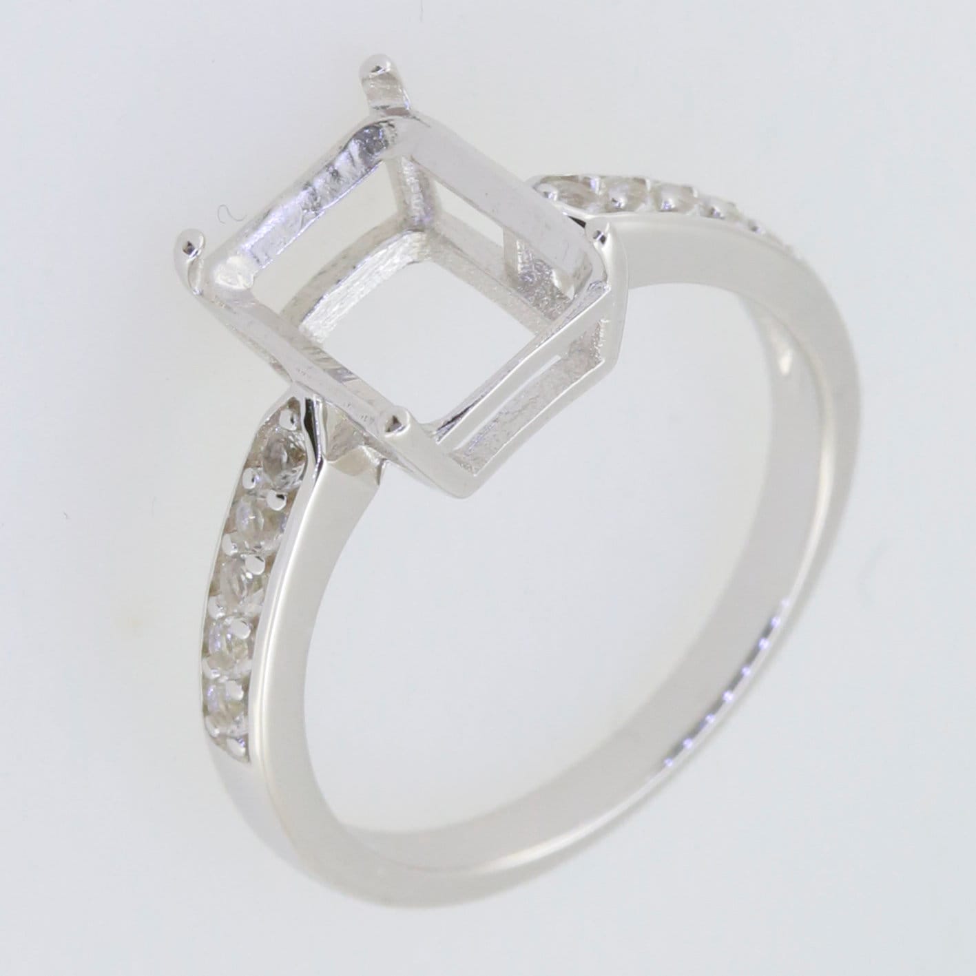 Sterling silver semi mount ring setting with D color moissanite accent for custom gemstones, 10x8mm emerald fit.