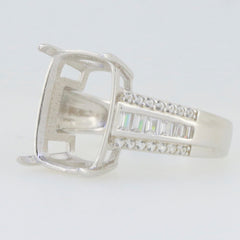 Sterling Silver Semi Mount Ring Setting with Baguette Accents, designed for a Cushion Cut Gemstone, 14x10mm.