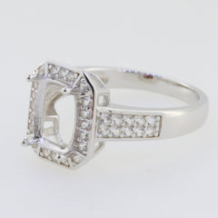 Sterling silver semi mount ring setting with white topaz accents, designed for a 9x7mm cushion gemstone.