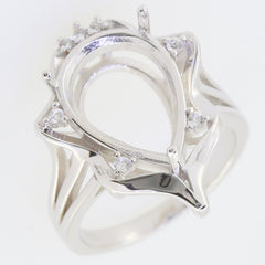 Sterling Silver semi mount ring setting with white topaz accents, designed for a pear-shaped gemstone, stylish and elegant.