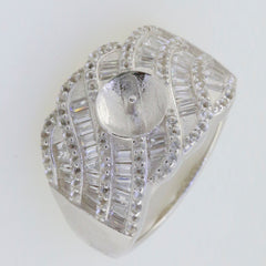Sterling silver semi mount ring setting with pearl round RD 10x10mm and baguette design, customizable to multiple sizes.