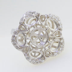 Sterling silver semi mount ring setting with intricate floral design and sparkling accents, made to order.