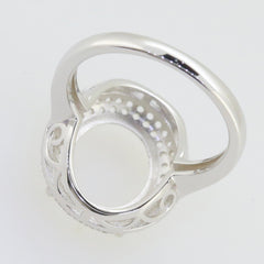 Sterling Silver Semi Mount Ring Setting with Halo design for 13x11mm Oval gemstone, showcasing intricate detailing.