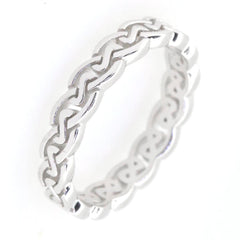 Sterling silver Celtic knot band engagement wedding ring, intricately designed with an infinity braid pattern.