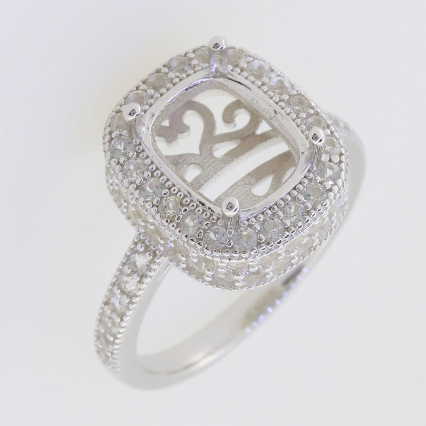 Sterling silver semi mount ring setting with cushion halo for 10x8mm gemstone, D color moissanite accents.