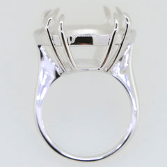 Sterling silver semi mount ring setting for oval gemstones, designed for custom sizes and featuring elegant prong detailing.