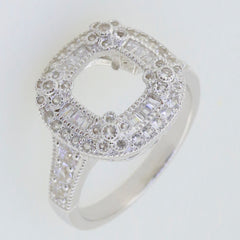 Sterling silver semi mount ring setting with cushion cut design and double halo accents featuring white topaz.
