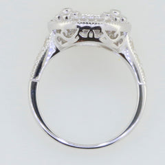Sterling Silver semi-mount ring setting for 7x7mm cushion stone with intricate double halo design.
