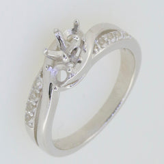 Sterling silver semi mount ring setting for 4x4mm round gemstone, featuring elegant side stones, ideal for custom engagement.