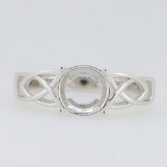 Sterling Silver semi mount ring setting featuring round 8x8 stone and infinity Celtic knot design on cross shank.